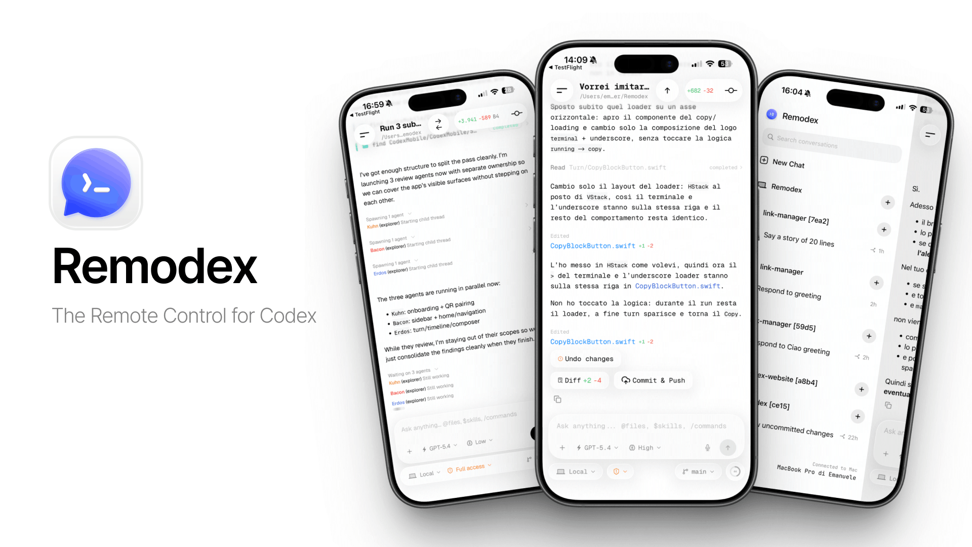 Remodex on iPhone: encrypted chat, voice waveform, git branch, and model picker
